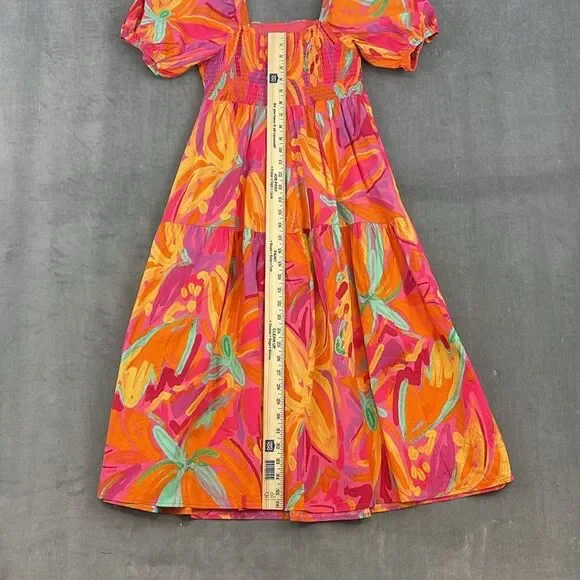 Crystal Sky Brush Pink Floral Tiered Puff Short Sleeve Cotton Midi Dress Size M - Picture 8 of 11